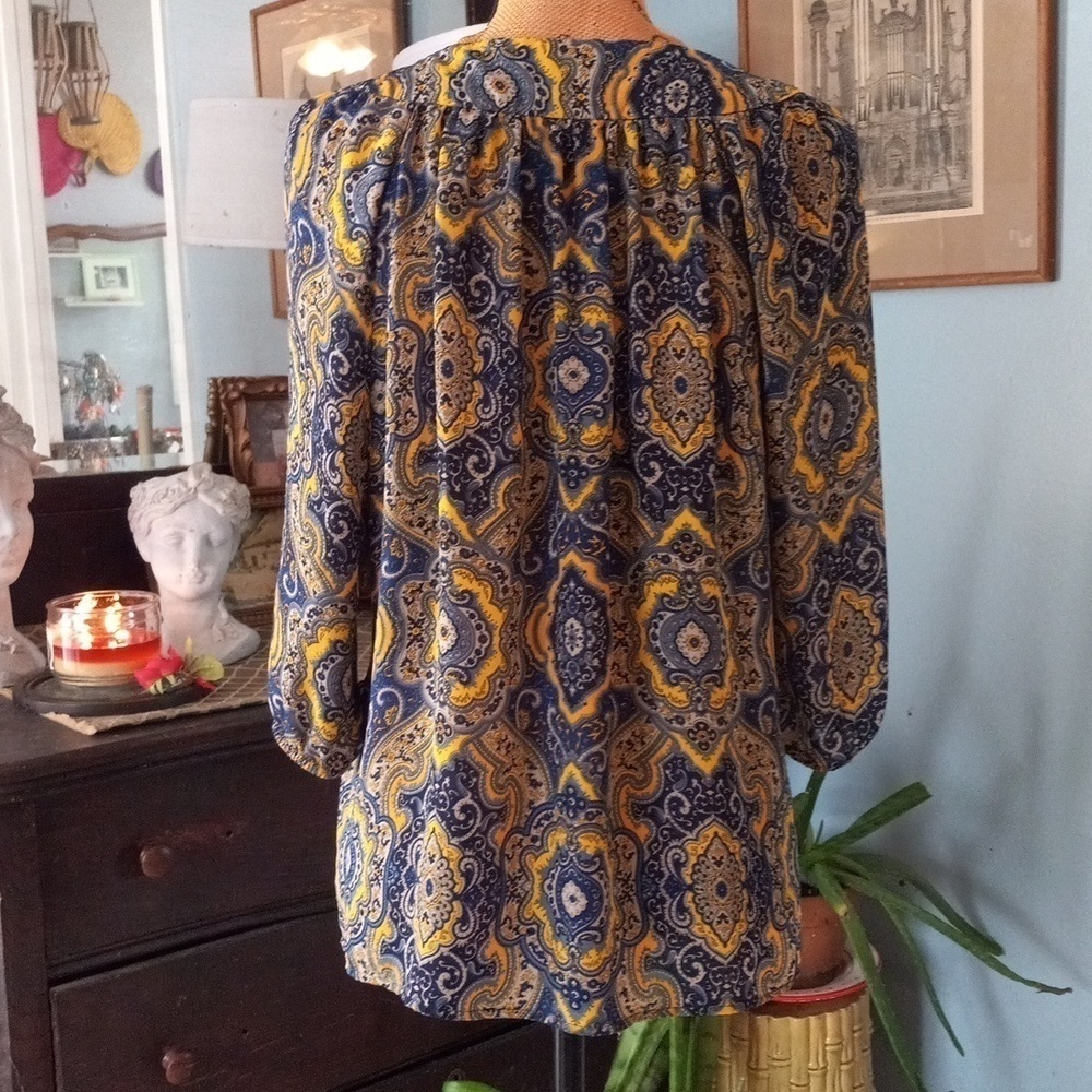 Ann Taylor Navy Mustard Yellow Paisley Boho Blouse Petite Small - Picture 7 of 13